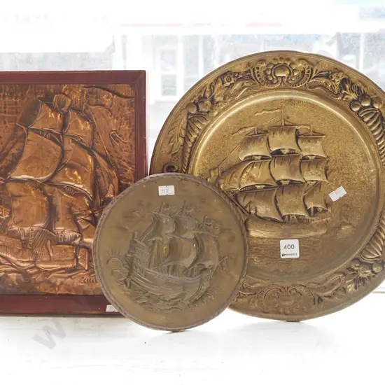 2x brass wall chargers, framed copper artwork - sailing ships 