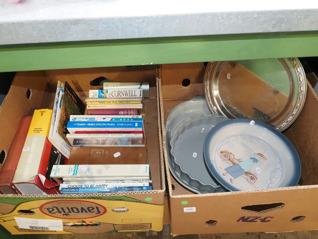 box; books, plated trays, Temuka dishes etc - green dots Image 1++
