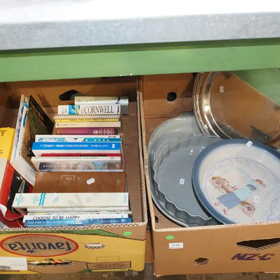 box; books, plated trays, Temuka dishes etc - green dots