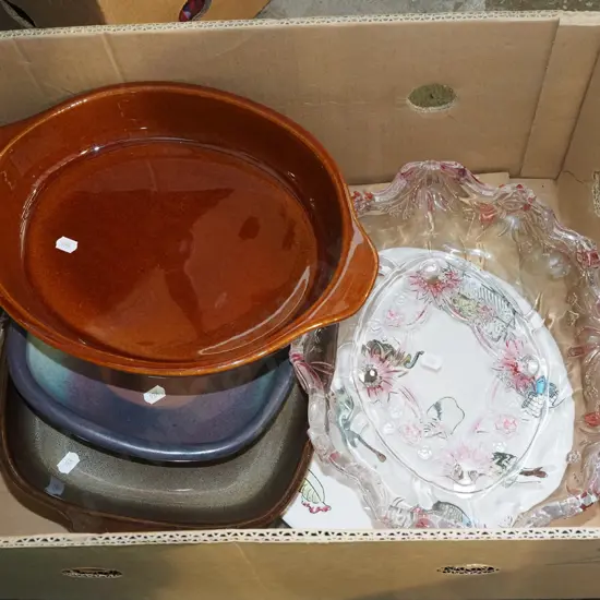 box; Crown Lynn baking dishes, glass bowls, cake plates etc