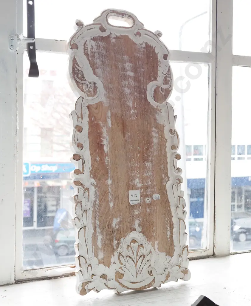 carved wood and distressed painted serving board H610 Image 1++