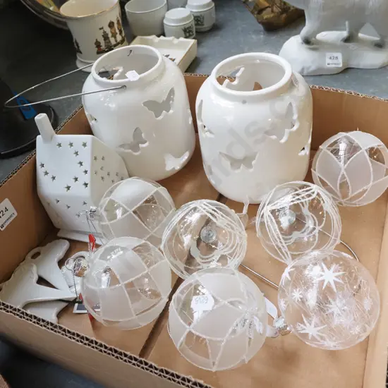 box; tea light candle lanterns, glass baubles etc