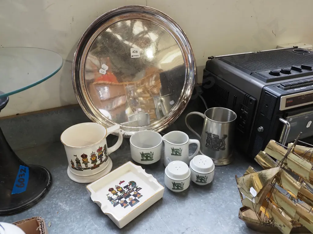 plated tray, beer mugs, City of Dunedin creamer, sugar etc Image 1++