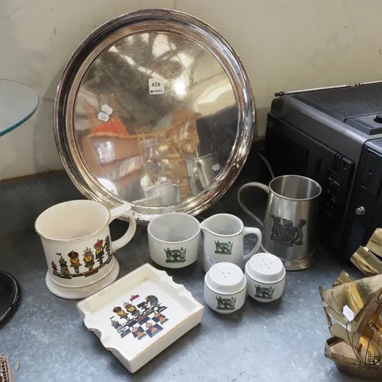plated tray, beer mugs, City of Dunedin creamer, sugar etc