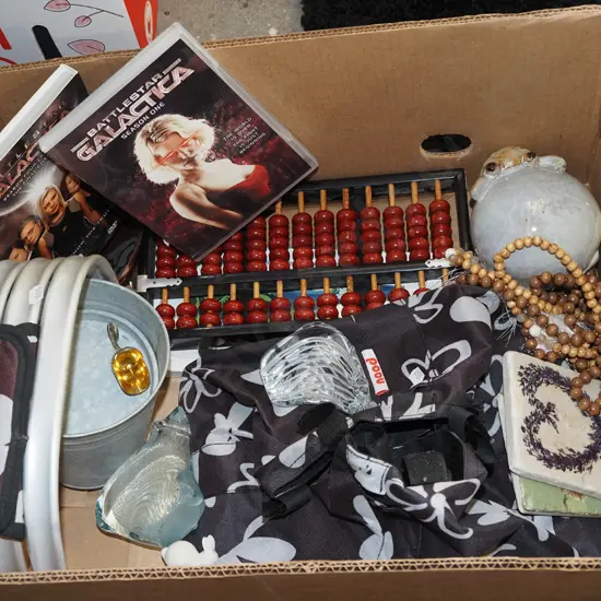 box; DVDs, abacus, bag, coaster etc