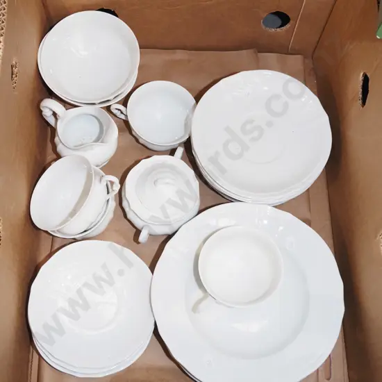 box; white cups, bowls, creamer, sugar