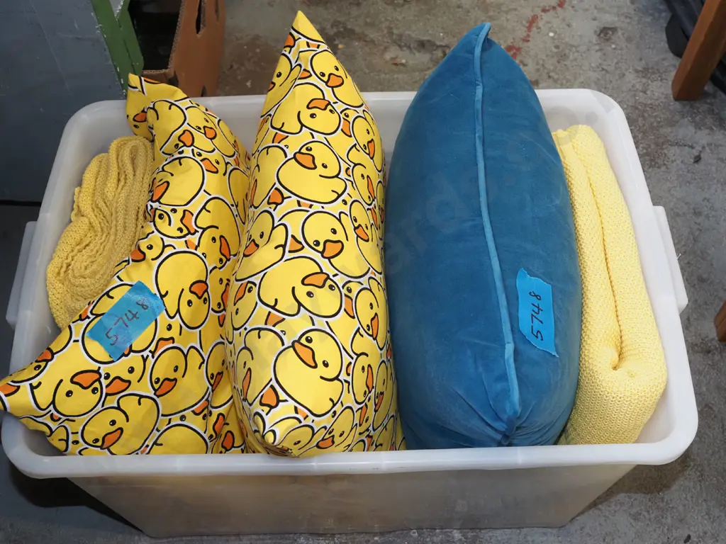 plastic tubs, throw, 3x cushions Image 1++