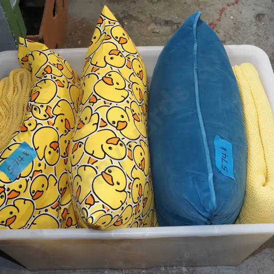 plastic tubs, throw, 3x cushions