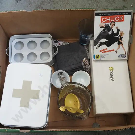 box; water jug, egg storage tray, first aid kit etc
