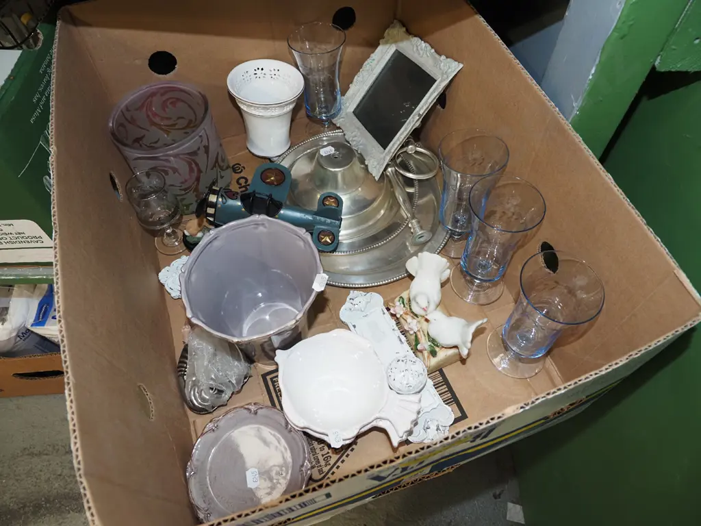 box; etched blue parfait glasses, model plane, vases etc Image 1++