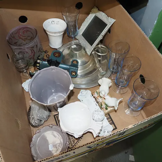 box; etched blue parfait glasses, model plane, vases etc