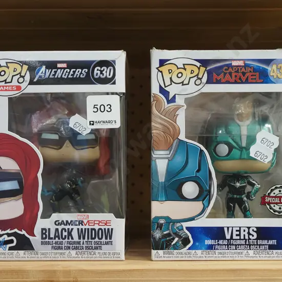 2x boxed Pop figurines; Black Widow, Vers