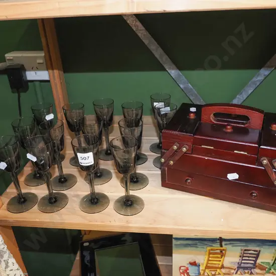 numerous smoked glass stemmed glasses, jewellery box