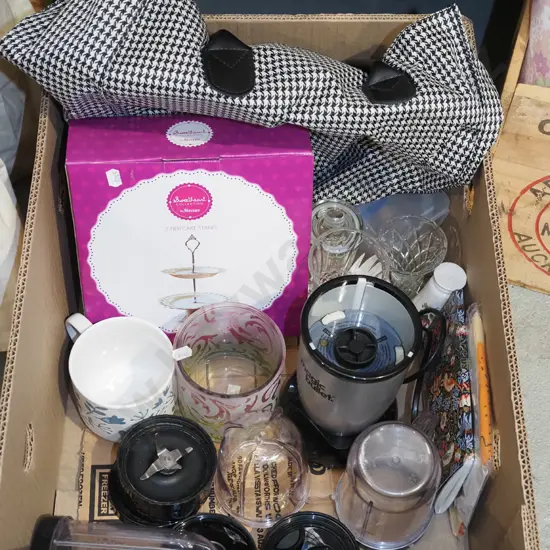box; 2 tier cake stand, blender, glasses etc