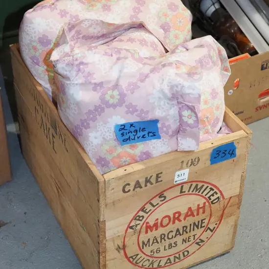 2x retro single duvets, wooden margarine crate
