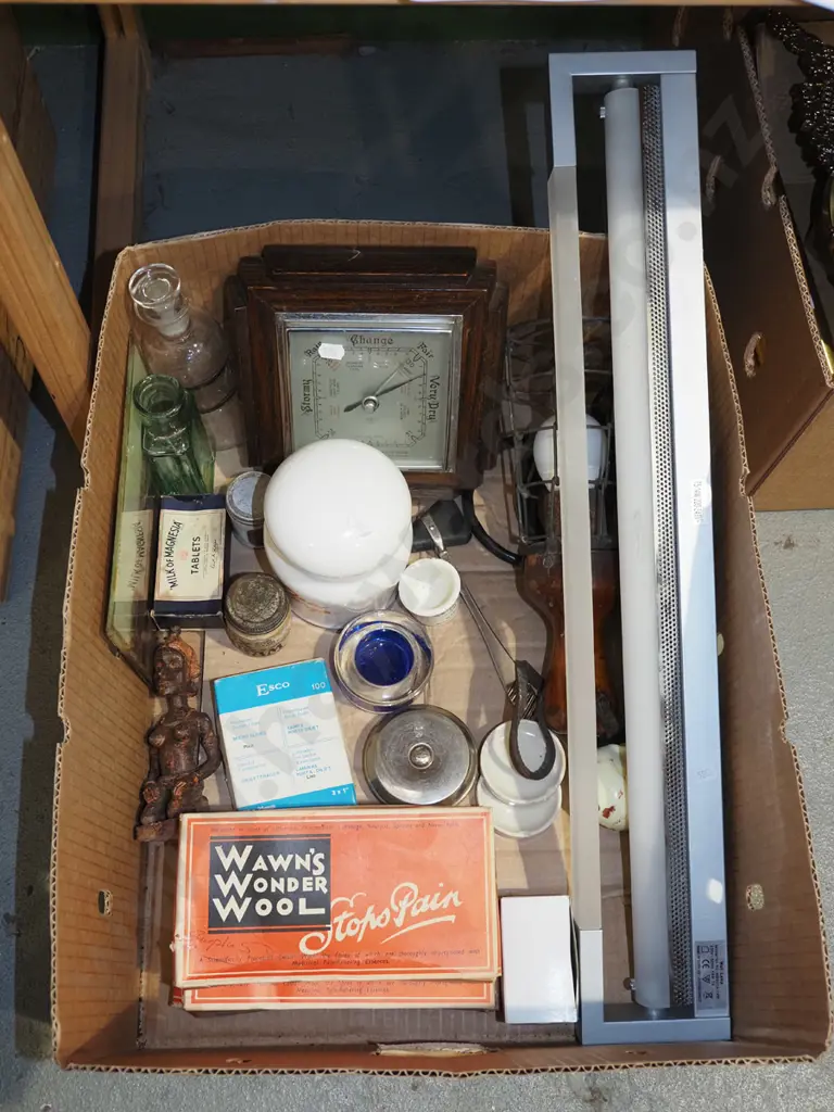 box; bottles, barometer, lidded canisters, light fitting etc Image 1++