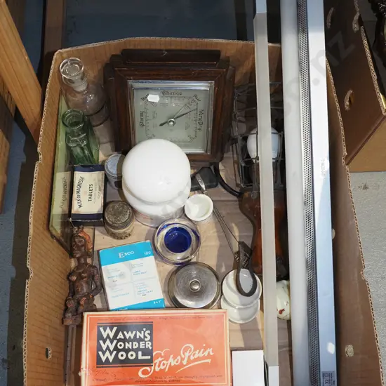 box; bottles, barometer, lidded canisters, light fitting etc
