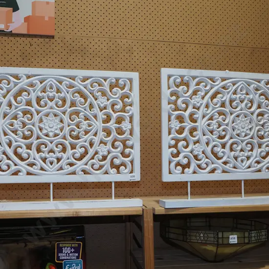 2x pierced work screens on stand H440 W570
