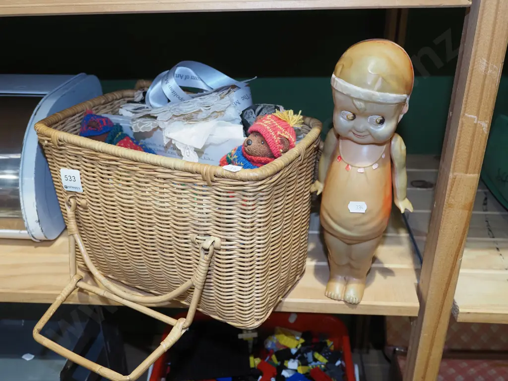 sewing basket and contents, celluloid doll Image 1++