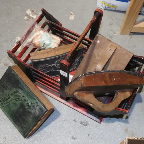 wooden basket and 4 old school stamp maps