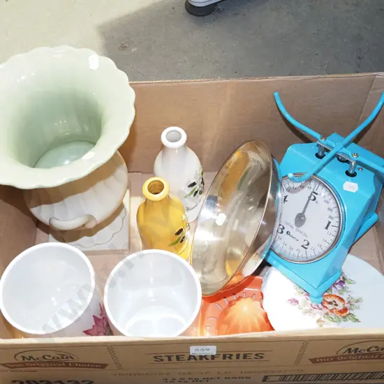 box; kitchen scales, vases, lemon squeezer etc