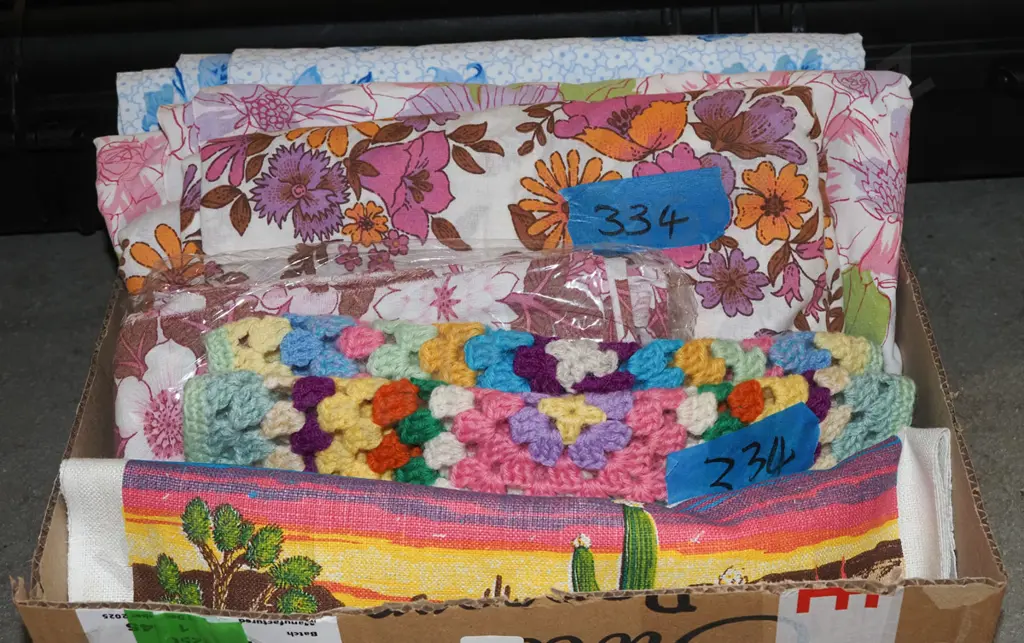 box; tea towels, retro sheets, small crochet blanket etc Image 1++