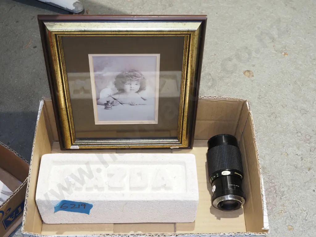 box; framed angel print, Mazda carved Oamaru stone, camera lens Image 1++