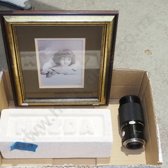 box; framed angel print, Mazda carved Oamaru stone, camera lens