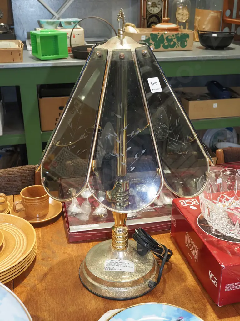 brass and smoked glass 3 bulb table lamp - corrrosion and pitting  to metal Image 1++