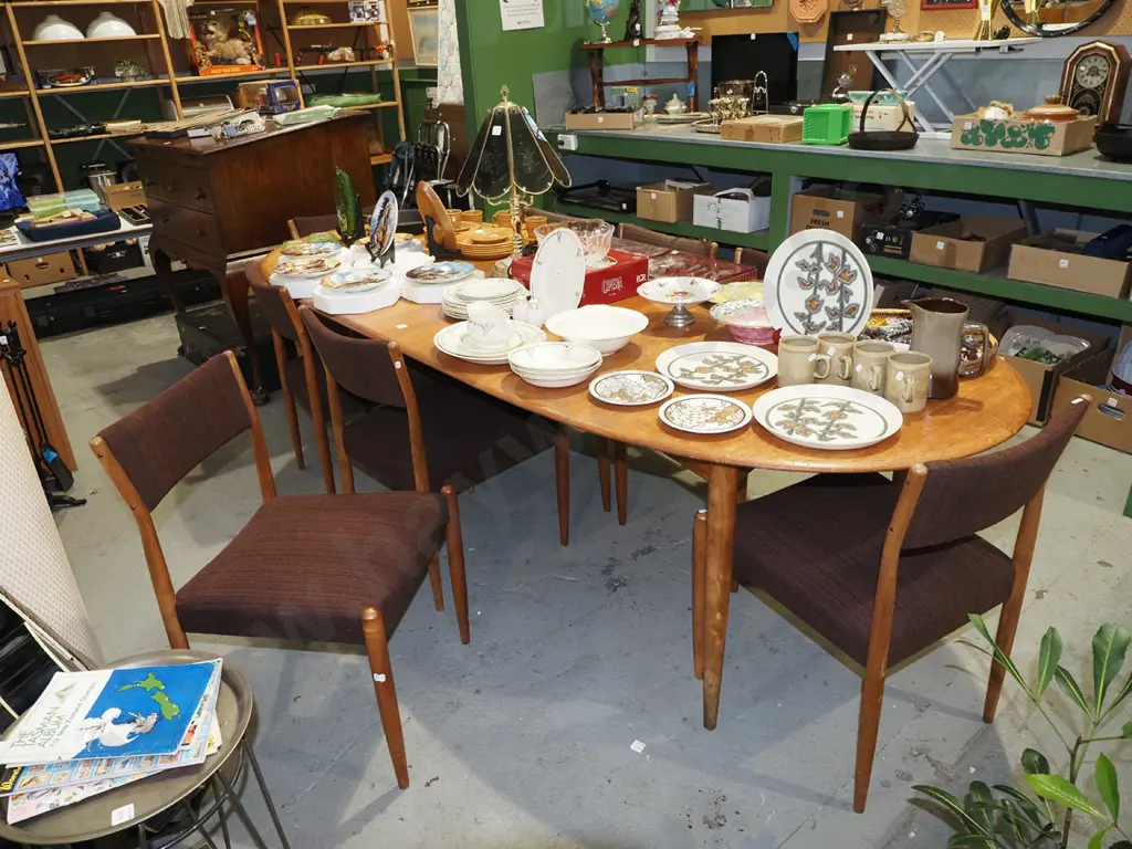 mid-century oval extending dining table w/ 6 re-upholstered matching chairs and 2 other chairs needing upholstery Image 1++