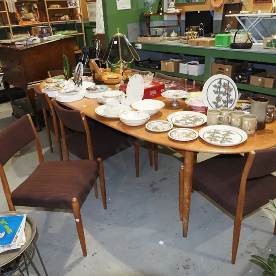 mid-century oval extending dining table w/ 6 re-upholstered matching chairs and 2 other chairs needing upholstery