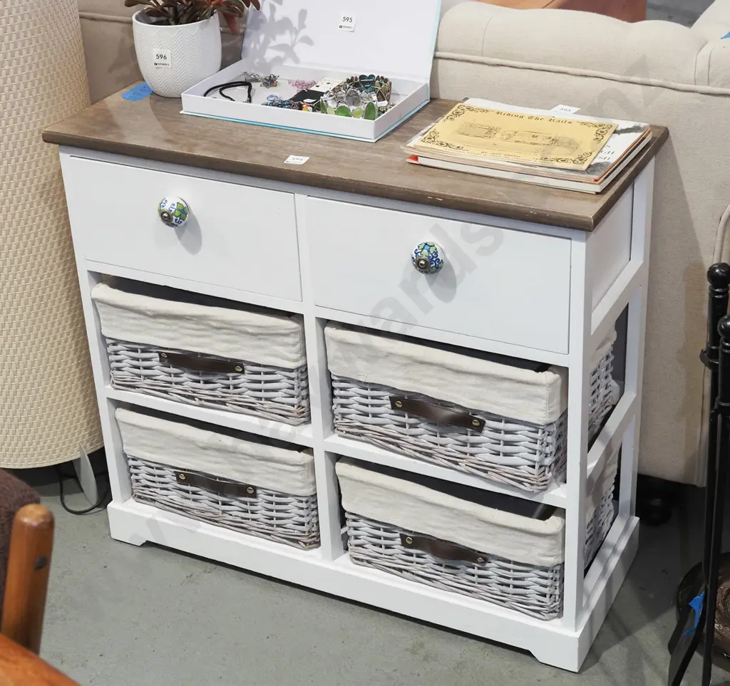 white painted mdf and pine topped cabinet with 2 drawers, ceramic handles, 4 fitted cane baskets Image 1++