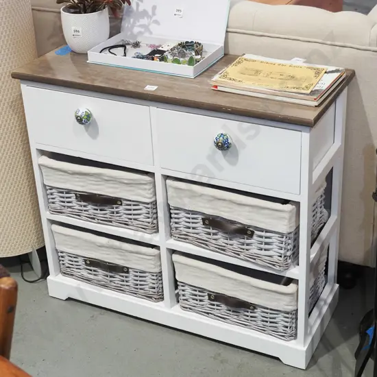 white painted mdf and pine topped cabinet with 2 drawers, ceramic handles, 4 fitted cane baskets