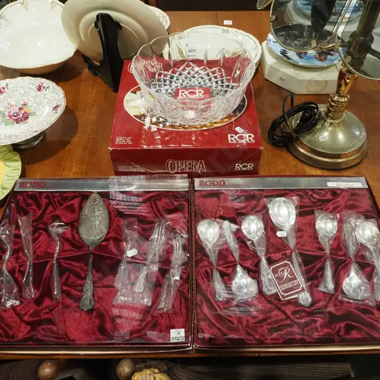 cut crystal bowl, 2x sets of Rodd plated cutlery