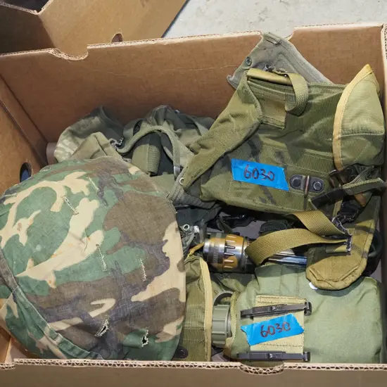 box; military drink bottle, harness, torch etc