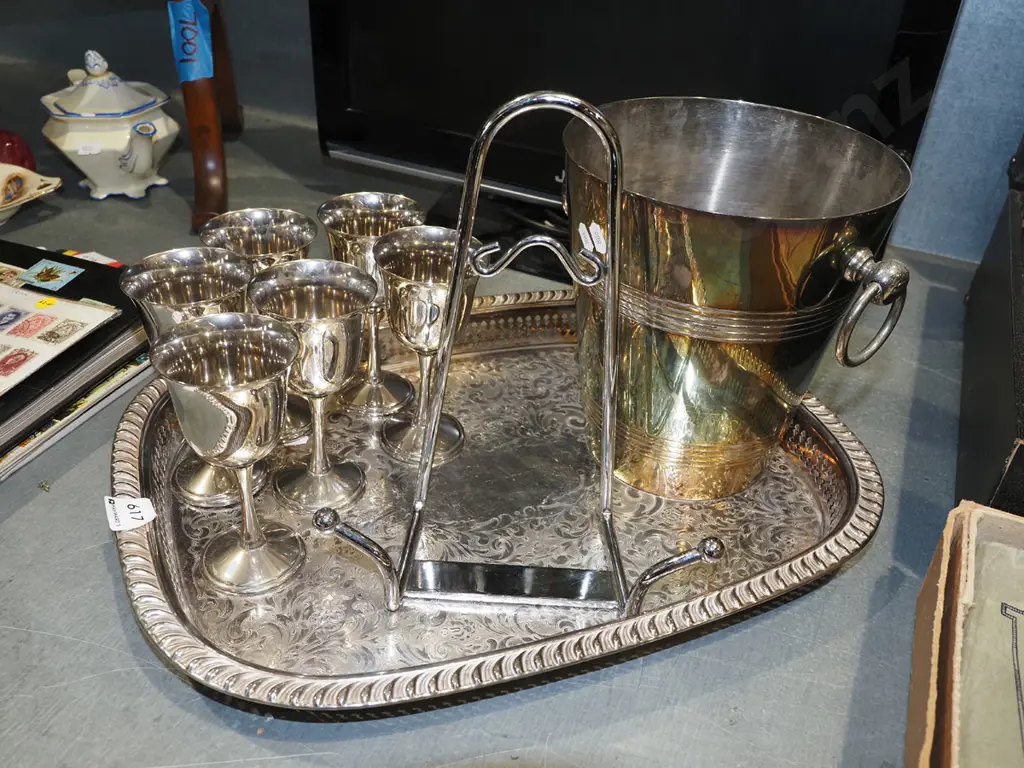plated tray and goblets, ice bucket, cookbook stand Image 1++