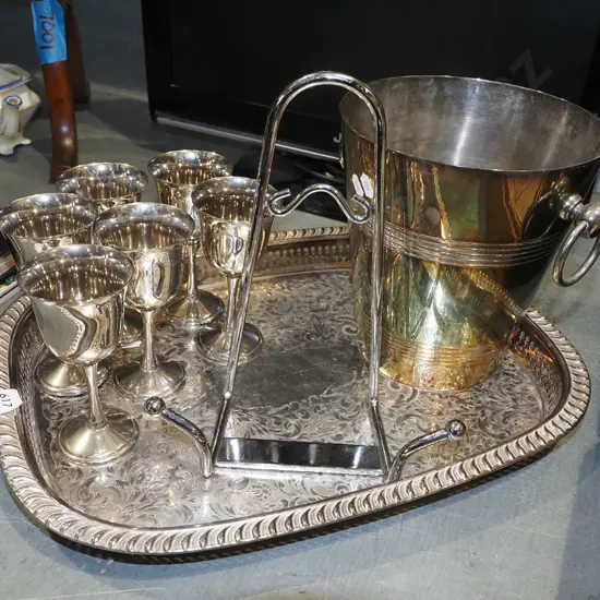 plated tray and goblets, ice bucket, cookbook stand