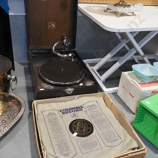 table top gramophone, box of 78s - going