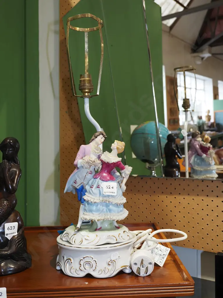 porcelain romance scene table lamp base - chips to fingers H380 Image 1++