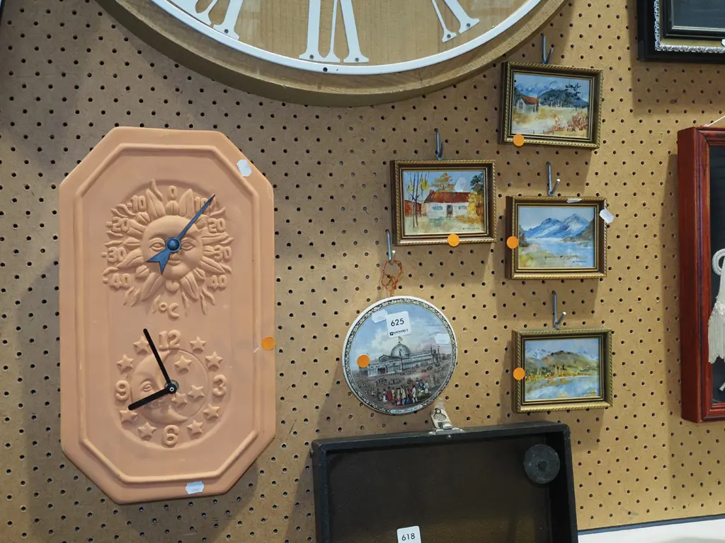 4x Robina Templeton miniature oils - landscapes, terracotta clock, small wall charger - orange dots Image 1++