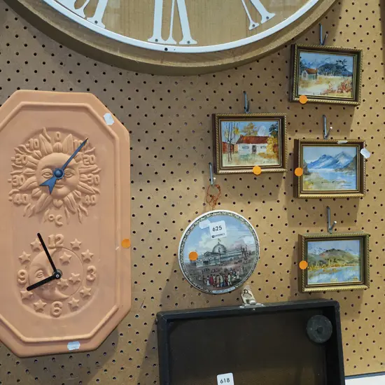 4x Robina Templeton miniature oils - landscapes, terracotta clock, small wall charger - orange dots