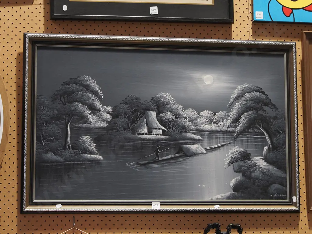 framed oil on board - river boat by night Image 1++