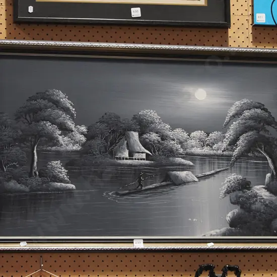 framed oil on board - river boat by night