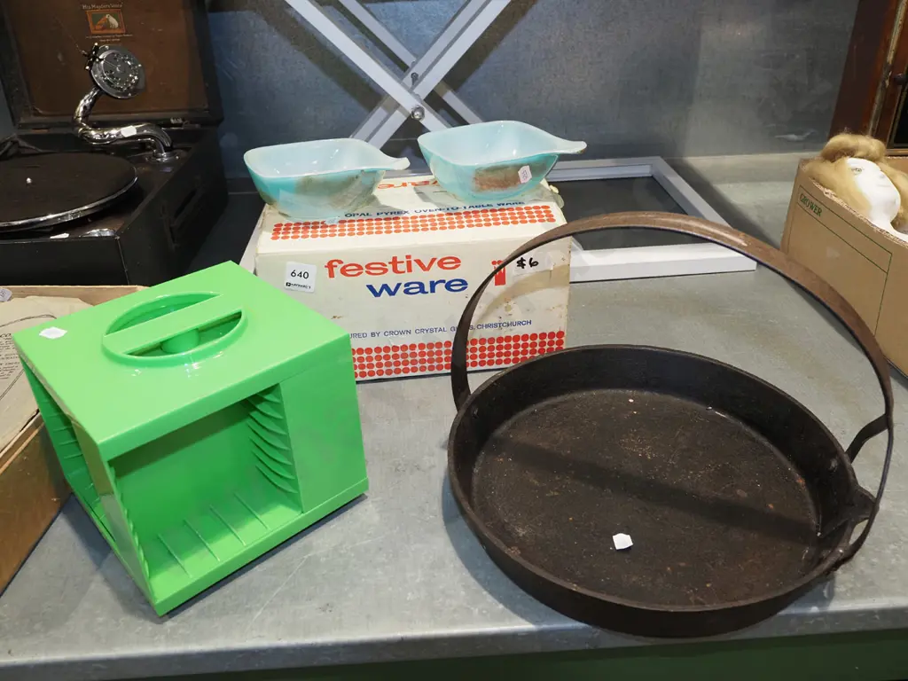 green plastic tape cassette holder, Festival Ware pyrex bowls - original box, cast iron skillet Image 1++