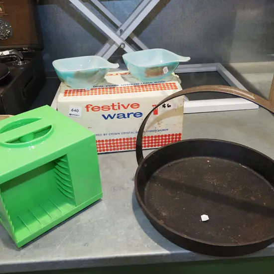 green plastic tape cassette holder, Festival Ware pyrex bowls - original box, cast iron skillet
