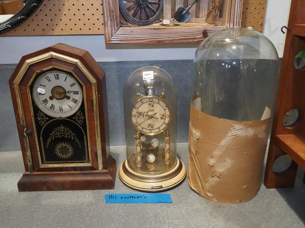 restorer's mantel clock, restorer's anniversary clock, glass dome H430 Image 1++