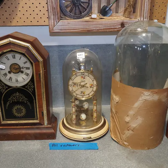 restorer's mantel clock, restorer's anniversary clock, glass dome H430