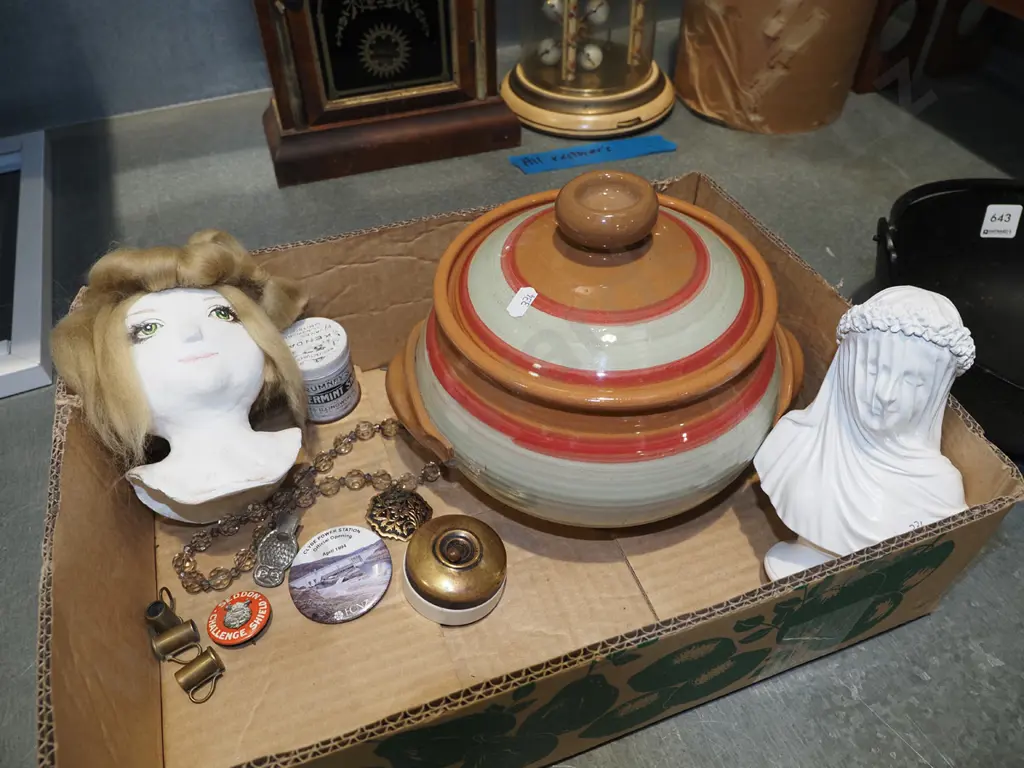 box; studio pottery casserole, dolls head, female bust etc Image 1++