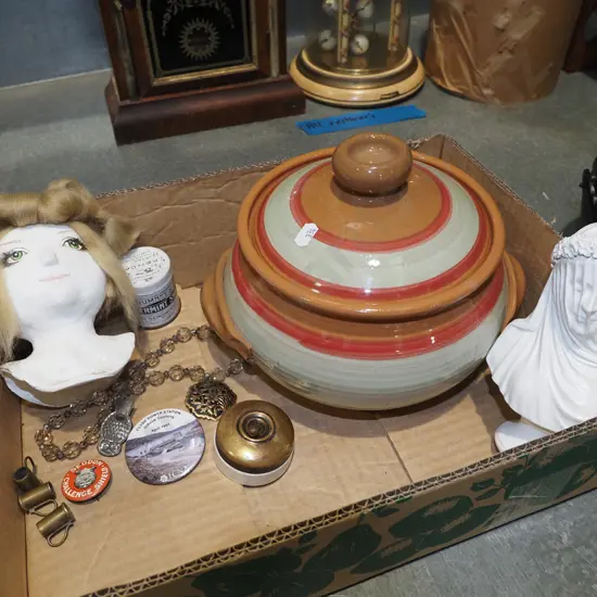 box; studio pottery casserole, dolls head, female bust etc