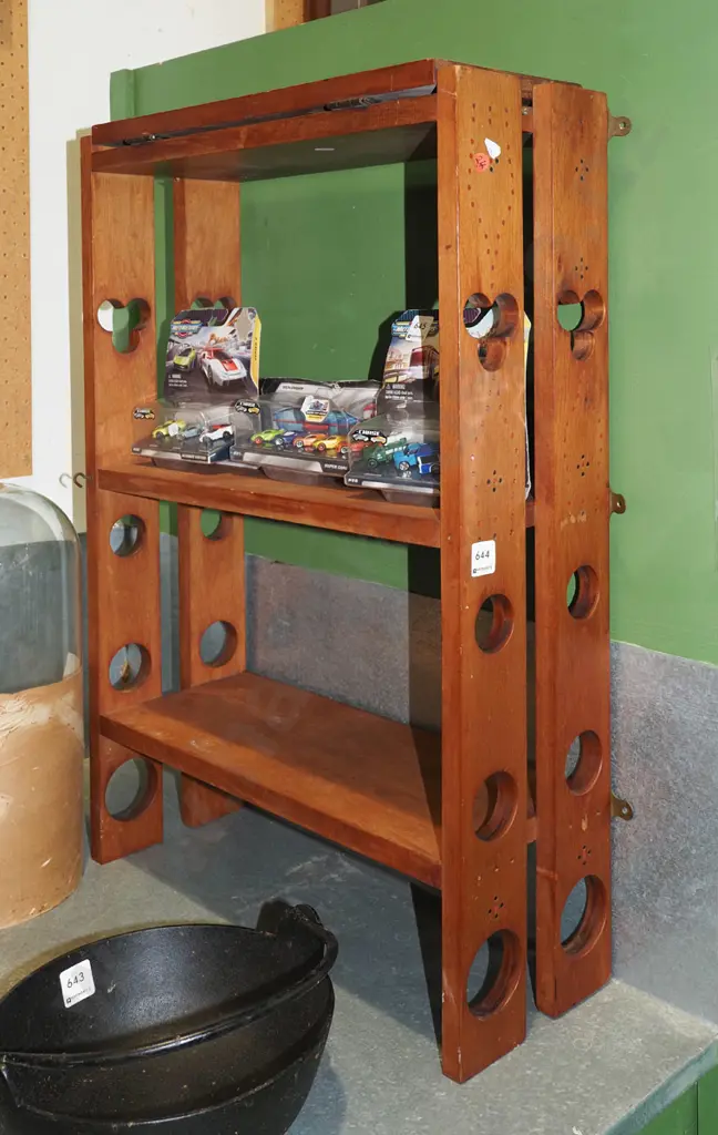 rimu wall mounted shelves with hinged drop front board and decoration to sides H760 W530 D190 Image 1++
